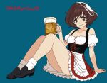  1girl absurdres akiyama_yukari alcohol artist_name beer beer_mug brown_eyes brown_hair commentary cup dirndl english_commentary fluffy_hair german_clothes girls_und_panzer highres holding looking_at_viewer mug on_ground simple_background smile totalmajorweeb 