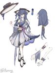  1girl artist_name bangs black_hair blue_eyes character_sheet closed_mouth dress fu_hua full_body hat highres honkai_(series) honkai_impact_3rd long_hair looking_at_viewer ponytail shoes sketch solo straw_hat sundress white_background white_dress yemengjiang 