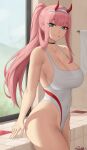  1girl absurdres bangs bare_shoulders blush breasts choker cleavage collarbone covered_navel darling_in_the_franxx green_eyes grin hairband highleg highleg_swimsuit highres horns large_breasts long_hair looking_at_viewer one-piece_swimsuit pink_hair ponytail red_horns sidelocks smile solo swimsuit thighs white_hairband white_swimsuit zaphn zero_two_(darling_in_the_franxx) 