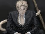  1boy blackbox_(blackbox9158) blonde_hair blurry collared_shirt dark_background depth_of_field formal holding holding_with_tail male_focus omniscient_reader&#039;s_viewpoint ponytail prehensile_tail shirt short_hair sitting smile solo staff suit sun_wukong_(omniscient_reader&#039;s_viewpoint) tail unbuttoned unbuttoned_shirt yellow_eyes 