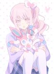  1other :o akiyama_mizuki blue_skirt blush cardigan collared_shirt commentary fang hair_ornament hair_ribbon heart highres holding holding_pokemon kamiyama_high_school_uniform_(project_sekai) long_hair long_sidelocks long_sleeves looking_at_viewer open_mouth pink_eyes pink_hair plaid_clothes plaid_skirt pleated_skirt pokemon pokemon_(creature) polka_dot polka_dot_background project_sekai purple_cardigan ribbon school_uniform shirt side_ponytail sidelocks simple_background sinyu_u sitting skirt sylveon thighhighs white_shirt white_thighhighs zettai_ryouiki 