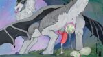 16:9 animal_genitalia anus aylorra balls black_claws black_horn black_wings blue_eyes bodily_fluids butt cave claws diorionarh dragon egg erection evening fangs feral fluffy fluffy_tail fur genital_fluids genitals gold_(metal) gold_jewelry grey_body grey_fur hi_res horn intersex jewelry liquid long_tongue mane mythological_creature mythological_scalie mythology nest open_mouth oviposition penis rear_view saliva scalie sky solo star tail teeth tongue vaginal_fluids vulva white_body white_fur widescreen wings