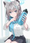  1girl absurdres animal_ear_fluff animal_ears aqua_scarf black_skirt blue_archive blush bottle breast_pocket closed_mouth collared_shirt commentary cross_hair_ornament extra_ears grey_hair hair_ornament halo highres holding holding_bottle long_sleeves looking_at_viewer plaid_clothes plaid_skirt pocket scarf school_uniform shiroko_(blue_archive) shirt short_hair sitting skirt smile solo sweat white_shirt wolf_ears wolf_girl yanasutak 