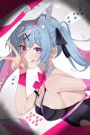 1girl :q ace_(playing_card) ace_of_hearts animal_ears arm_strap black_leotard black_ribbon blue_eyes blue_hair blurry blurry_background blush bow bowtie breasts card clothing_cutout colored_inner_hair commentary_request detached_collar facial_mark fake_animal_ears from_side hair_ornament hair_ribbon hand_up hatsune_miku heart heart_in_eye highres large_breasts leotard long_hair looking_at_viewer multicolored_hair nail_polish necktie object_in_bra pink_bow pink_bowtie pink_hair pink_nails pink_necktie pink_pupils playboy_bunny playing_card rabbit_ears rabbit_hole_(vocaloid) ribbon richi_1214 short_necktie sidelocks smile solo symbol_in_eye teardrop_facial_mark tongue tongue_out turning_head twintails upper_body vocaloid x_hair_ornament 