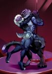 absurd_res anthro blue_body blue_fur blush bow_tie bulge butt casteel clothing duo fangs felid fishnet_clothing fishnet_topwear fur gradient_fur hi_res holding_another hyena jockstrap lance_(huf13) legwear looking_at_another male male/male mammal muscular muscular_male orange_eyes pantherine pole polomka striped_body striped_fur stripes stripper_pole teeth thigh_highs tiger topwear underwear