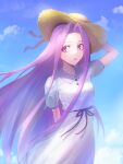  1girl dress fate/grand_order fate_(series) forehead hat highres long_hair medusa_(fate) medusa_(rider)_(fate) minami_koyogi pink_hair purple_eyes solo straw_hat very_long_hair white_dress 