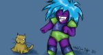 2007 3_fingers ambiguous_feral ambiguous_gender bangs bent_arm blue_background blue_clothing blue_leg_warmers blue_legwear blue_shirt blue_tank_top blue_topwear bottomwear brown_body brown_fur brown_tail clothed clothed_humanoid clothing colored digital_drawing_(artwork) digital_media_(artwork) domestic_cat duo empty_eyes english_description eyes_closed fangs featureless_legs felid feline felis feral fingers footwear fully_clothed fully_clothed_humanoid fur gesture gonard_(kappa_mikey) green_bottomwear green_clothing green_footwear green_shoulder_pads hair hand_gesture humanoid iscribble_(artwork) juno-gemini kappa_mikey larger_humanoid larger_male laughing_at laughing_at_another leg_warmers legwear light lighting long_hair male male_humanoid mammal no_eyebrows noseless open_mouth open_smile pink_nose pointing pointing_at_another purple_body purple_skin quadruped shirt shoulder_pads signature simple_background sitting size_difference smaller_ambiguous smaller_feral smile standing straight_legs tail tank_top teeth topwear whiskers