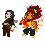 alpha_channel asian_clothing black_hair clothing colored_line_art cookie_(cookie_run) cookie_run demon demon_slayer duo east_asian_clothing food food_creature hair hanafuda haori holding_object holding_weapon humanoid japanese_clothing kimetsu_no_yaiba male muzan_kibutsuji pink_eyes ponytail pupils puppetmaster13uwu red_eyes red_hair_tips simple_background size_difference slit_pupils tail transparent_background weapon yoriichi_(demon_slayer)