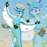 1:1 angel_costume anthro blue_body blue_eyes blue_fur blue_hair clothing confetti cute_fangs dress ear_piercing ear_ring eeveelution eyeliner fangs feathered_wings feathers female fur generation_4_pokemon glaceon gradient_background green_body green_fur hair halo hi_res jewelry lisa_devellis makeup navel navel_piercing necklace nintendo pawpads piercing pokemon pokemon_(species) pose ring_piercing scoutthecat02 simple_background smile smiling_at_viewer solo sparkles sparkling_clothing teeth wings