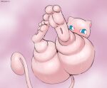2026 anthro artist_name axoarts big_butt blue_eyes blush bodily_fluids butt digital_media_(artwork) floating generation_1_pokemon hi_res legendary_pokemon looking_away male mew_(pokemon) nintendo nude pink_background pink_body pink_ears pink_tail pokemon pokemon_(species) rear_view simple_background solo sweat tail text thick_thighs