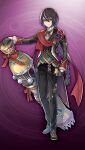  1boy artist_request black_coat black_gloves black_pants braid buttons cannon closed_mouth clovis_(grimms_notes) clovis_(seiya)_(grimms_notes) coat flower game_asset glasses gloves gold_buttons green_vest grimms_notes hair_between_eyes hand_up holding holding_cannon long_hair looking_at_viewer male_focus non-web_source official_art pants parody purple_eyes purple_flower purple_rose red_scarf rose scarf single_braid snowflake_print solo standing style_parody tailcoat vest 