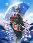  1boy black_nails black_pants black_shirt blurry closed_mouth commentary_request company_name copyright_notice depth_of_field fingernails green_hair hand_in_pocket holding holding_umbrella kaisei_(1st_costume)_(nijisanji) kaisei_(nijisanji) kurohal looking_at_viewer male_focus multicolored_hair multicolored_shirt nail_polish nijisanji official_art orange_eyes orange_hair orange_shirt pants purple-tinted_eyewear round_eyewear sample_watermark shirt solo sparkle streaked_hair tinted_eyewear umbrella virtual_youtuber watermark 