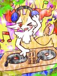 2022 ambiguous_anthro ambiguous_gender annyui0611 anthro biped blush braixen canid cute_fangs digital_drawing_(artwork) digital_media_(artwork) disc_jockey electronics fangs food front_view generation_6_pokemon half-length_portrait headphones hi_res japanese_description mammal musical_note musical_symbol nintendo object_in_tail one_eye_closed open_mouth open_smile pokemon pokemon_(species) portrait shrimp_(food) smile snout solo standing symbol tail teeth translated_description vinyl_record