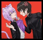  2girls :p ahoge alternate_costume anger_vein angry animal_ear_fluff black_border black_choker blue_hair blush border brown_hair cat_choker cat_girl cat_tail choker clenched_teeth clothes_grab colored_inner_hair crossed_bangs dot_nose double-parted_bangs from_side furrowed_brow gakuran grabbing_another's_shirt halftone halftone_background hands_up hololive jacket long_sleeves looking_at_another looking_at_viewer looking_to_the_side medium_hair multicolored_hair multiple_girls nekomata_okayu oozora_subaru open_clothes open_jacket open_mouth partially_open_shirt profile purple_eyes purple_hair purple_shirt red_background school_uniform shino_12a shirt short_hair sidelocks sweat tail teeth tongue tongue_out turning_head upper_body virtual_youtuber white_shirt white_trim 