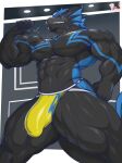  abs anthro biceps black_body black_horn blue_eyes blue_hair bulge clothed clothing dragon hair horn jockstrap male masterelrest muscular muscular_anthro muscular_male pecs solo topless underwear 