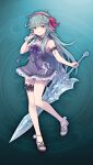  1girl aqua_hair artist_request black_choker blue_eyes breasts chest_ribbon choker closed_mouth collarbone dress game_asset grimms_notes grimms_notes_gakuen hair_between_eyes hair_ribbon hand_up holding holding_sword holding_weapon looking_at_viewer messy_hair non-web_source official_art parody pink_ribbon princess_aurora_(gakuen_summer)_(grimms_notes) princess_aurora_(grimms_notes) purple_dress purple_ribbon ribbon sandals smile solo standing standing_on_one_leg style_parody sword weapon 