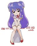  1girl apple-boy bell chibi chinese_clothes full_body jingle_bell purple_eyes purple_hair ranma_1/2 red_footwear shampoo_(ranma_1/2) solo 