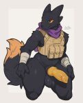 animal_genitalia animal_penis anthro arm_wraps balls black_body black_fur botter_(artist) bulletproof_vest canine_genitalia canine_penis casualties:_unknown digital_drawing_(artwork) digital_media_(artwork) dipstick_tail erection expie_(gunsawian) fur genitals gunsawian hi_res knot lidded_eyes male male_anthro markings orange_eyes orange_sclera orange_tail_tip penis purple_scarf scarf simple_background slightly_chubby smile solo tactical_gear tail tail_markings thick_thighs white_background wraps