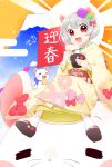 1girl :d animal animal_ears ankle_socks bangs blush chinese_zodiac chopsticks eyebrows_visible_through_hair flower food grey_hair hair_flower hair_ornament highres holding holding_chopsticks holding_food japanese_clothes kimono long_hair looking_at_viewer mikona_honey mountain mouse mouse_ears mouse_girl nengajou new_year obi okobo open_mouth original oversized_animal red_eyes sash short_hair sitting smile socks solo sun tabi wide_sleeves year_of_the_rat zouni_soup 