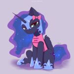1:1 1_horn :< absurd_res blue_hair blue_tail clothed clothed_feral clothing digital_drawing_(artwork) digital_media_(artwork) english_text equid equine eyelashes feathered_wings feathers female female_feral feral friendship_is_magic frown hair hasbro head_bow hi_res highlights_(coloring) hooves horn krita_(artwork) mammal monotone_background my_little_pony mythological_creature mythological_equine mythology nightmare_moon_(mlp) nnalyart paintstorm_(artwork) pink_bow pink_clothing pink_shirt pink_topwear purple_background purple_body purple_highlights purple_hooves purple_horn purple_wings quadruped shaded shirt simple_background sitting solo spiral_horn tail teal_eyes text text_on_clothing text_on_shirt text_on_topwear topwear winged_unicorn wings