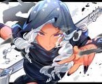  1girl ash_salt_cookie black_nails cookie_run cookie_run:_kingdom curly_hair grey_hair highres hood hood_up leporinechi red_eyes scar scar_on_cheek scar_on_face solo watermark 