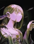  absurdres black_background blonde_hair camisole clock_owo collarbone commentary dim_lighting earrings fish from_side gakuen_idolmaster hair_behind_ear hand_up highres idolmaster jacket jewelry looking_to_the_side open_clothes open_jacket orange_eyes shinosawa_hiro stud_earrings untranslatable_commentary 