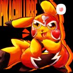 1:1 3_fingers black_background black_body black_clothing black_eyes black_fur black_sclera blush blush_lines bottomwear cheek_markings clothed clothed_feral clothing cosplay cosplay_pikachu_(costume) costume crop_top dipstick_ears dipstick_tail ear_markings facial_markings felipotyphlosion female feral fingers fur generation_1_pokemon head_markings hi_res long_ears mammal markings mask multicolored_ears nintendo open_mouth orange_clothing orange_eyes outline pants pikachu pikachu_libre pokemon pokemon_(species) shirt simple_background solo speech_bubble tail tail_markings text topwear yellow_body yellow_fur