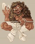 4:5 absurd_res anthro bare_chest big_eyes bottomwear brown_body brown_fur brown_nipples cereal_mascot clothing craver crazy_craving footwear fur furry_body hi_res honeycomb_cereal male mascot muscular_legs nipples ravuer removing_shoes shoelaces shoes shorts simple_background sitting smile sneakers socks solo tan_body tan_skin teeth tongue tongue_out unknown_species