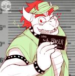 2023 4_fingers anthro armband artist_logo artist_name barbie_(film) barbie_and_ken_mugshot_meme bent_arm black_armband black_bracelet black_collar blurred_background blush blush_lines bowser bracelet character_name chart claws clothed clothed_anthro clothed_male clothing collar digital_drawing_(artwork) digital_media_(artwork) english_description eyebrows feeniroir finger_claws fingers green_clothing green_headwear green_shirt green_topwear green_visor green_visor_cap hair hat headgear headwear heart_symbol height_chart hi_res holding_object holding_sign horn inside jewelry king koopa lidded_eyes logo looking_at_viewer male mario_bros meme nintendo no_pupils number open_clothing open_mouth open_shirt open_smile open_topwear partially_colored red_eyebrows red_eyes red_hair royalty scales scalie shaded sharp_teeth shell-less shirt short_hair sign smile smiling_at_viewer solo sparkles spiked_armband spiked_bracelet spiked_collar spikes teeth text thick_eyebrows tongue topwear visor_cap white_body white_claws white_horn white_scales white_tongue