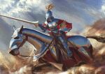  1boy absurdres armor barding bascinet bevor blue_sky brown_horse cape commentary couter cuirass cuisses day dust faulds full_armor gauntlets gorget greaves hammk helmet highres holding holding_polearm holding_reins holding_weapon horseback_riding hounskull jousting jousting_shield knight lance light_rays medieval original ornate_helmet outdoors pauldrons plate_armor polearm poleyn red_cape reins rerebrace riding sabaton saddle shoulder_armor sky solo sunbeam sunlight sword untranslatable_commentary visor_(armor) weapon 