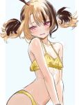  1girl absurdres ahoge akamiya_mumu alternate_costume arched_back bare_shoulders bikini blonde_hair blue_background blush border brown_hair collarbone commentary cowboy_shot dot_nose embarrassed flat_chest frilled_bikini frills from_side gigi_murin head_tilt highres hololive hololive_english looking_back looking_to_the_side multicolored_hair navel open_mouth outside_border own_hands_together parted_hair pink_eyes raised_inner_eyebrows sharp_teeth short_hair short_twintails sidelocks simple_background solo swimsuit teeth twintails two-tone_hair untranslatable_commentary upper_teeth_only virtual_youtuber white_border yellow_bikini 