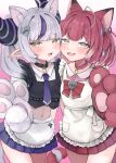  2girls absurdres ahoge akami_karubi alternate_costume animal_collar animal_ears apron belt_collar black_horns blue_eyes blunt_bangs blush cat_ears cat_girl cat_tail cheek-to-cheek collar commentary_request crazy_raccoon dress enmaided extra_ears fangs grey_hair heads_together highres hololive horns intertwined_tails la+_darknesss long_hair long_pointy_ears looking_at_viewer maid maid_apron midriff miniskirt multicolored_hair multiple_girls navel necktie nemuta_muu open_mouth pleated_skirt pointy_ears purple_necktie purple_skirt purple_streaks red_dress red_hair shirt short_hair single_hair_streak skirt stomach streaked_hair striped_horns tail twintails virtual_youtuber waist_apron white_apron white_shirt white_streaks yellow_eyes 