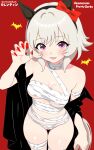  1girl animal_ears bandaged_chest bandaged_torso bandages bare_shoulders black_cloak black_hairband blush bow breasts claw_pose cloak commentary_request curren_chan_(umamusume) ear_bow ear_covers fangs grey_hair hair_between_eyes hairband halloween_costume highres horse_ears horse_girl horse_tail looking_at_viewer medium_breasts mummy_costume naked_bandage nekosensei open_mouth purple_eyes red_bow red_nails short_hair skin_fangs smile solo tail umamusume 