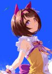  1girl :d animal_ears blade_of_grass blue_background blue_sky blunt_bangs bob_cut bow breasts brown_hair buttons cloud double-breasted dress ear_covers ear_ornament eyelashes frilled_dress frilled_wrist_cuffs frills from_side hair_ornament hair_ribbon hairband highres horse_ears horse_girl inishie_kumo looking_at_viewer looking_to_the_side nishino_flower_(layered_petals)_(umamusume) nishino_flower_(umamusume) outdoors parted_lips purple_bow purple_eyes purple_hairband purple_trim ribbon short_hair sideways_glance sky sleeveless sleeveless_dress small_breasts smile solo striped_bow umamusume upper_body white_trim wrist_cuffs x_hair_ornament yellow_bow yellow_dress 