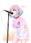  1girl ahoge arms_behind_back blue_hair bob_cut bone_print heart_on_chest highres idolmaster idolmaster_cinderella_girls jeiku leather_choker looking_afar microphone microphone_stand multicolored_hair music no_pants oversized_clothes oversized_shirt parody pink_eyes pink_hair pose print_shirt shirt short_sleeves simple_background singing solo translated two-tone_hair white_background yumemi_riamu 