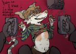 anthro blush bodily_fluids civet clothed clothing defibrillator digital_media_(artwork) duo electrostimulation english_text first_person_view forced male mammal medical_instrument multi_nipple nipples offscreen_character open_mouth questionable_consent roombick scientific_instrument simple_background tail tears text torture viverrid