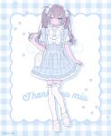  15coro 1girl :< absurdres artist_name bag beads blue_background blue_bow blue_choker blue_eyes blue_nails blue_skirt blue_theme bow brown_hair buttons center_frills choker closed_mouth commentary commission commissioner_name double-parted_bangs english_commentary fingernails footwear_bow frilled_bow frilled_shirt_collar frilled_suspenders frills full_body gingham_background girly_pose hair_between_eyes hair_bow hair_intakes hair_ornament hair_ribbon hairclip hand_up handbag heart heart_button heart_choker high-waist_skirt highres knees_together_feet_apart layered_skirt loafers long_hair looking_to_the_side miniskirt multiple_hair_bows nail_polish one_eye_closed original plaid_clothes plaid_skirt platform_shoes puffy_short_sleeves puffy_sleeves ribbon see-through_clothes see-through_skirt shirt shoes short_sleeves sidelocks skeb_commission skirt skirt_bow solo suspender_skirt suspenders thank_you thighhighs twintails twirling_hair white_bag white_bow white_ribbon white_shirt white_shoes white_thighhighs zettai_ryouiki 