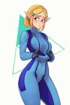  1girl absurdres alternate_costume bangs blonde_hair blue_eyes braid breasts closed_mouth cosplay covered_navel green_eyes hair_ornament hairclip highres looking_at_viewer medium_breasts pointy_ears princess_zelda raichiyo33 samus_aran samus_aran_(cosplay) short_hair solo the_legend_of_zelda the_legend_of_zelda:_breath_of_the_wild the_legend_of_zelda:_breath_of_the_wild_2 zero_suit 