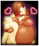 anthro arm_on_breasts bedroom_eyes belly bent_over big_belly big_breasts big_butt big_nipples black_background black_sclera bodily_fluids border breasts brown_body brown_fur butt cheek_tuft eyebrows eyelashes facial_tuft feet female fluffy fur generation_4_pokemon glistening glistening_body glowing glowing_eyes hand_behind_head heart_symbol hindpaw huge_breasts huge_butt hyper hyper_pregnancy leaning leaning_forward leaning_on_belly leg_fluff leg_tuft lewded_blaze long_ears looking_at_viewer lopunny lupi_(lewded_blaze) narrowed_eyes navel neck_tuft nintendo nipples outie_navel paws pink_eyes pink_nipples pink_nose pokemon pokemon_(species) pose pregnant pregnant_anthro pregnant_female purple_background seductive short_tail simple_background solo spread_legs spreading standing sweat tail thick_thighs thigh_high_fur thigh_tuft tuft white_border yellow_body yellow_fur