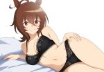  1girl absurdres agnes_tachyon_(umamusume) ahoge animal_ears bare_arms bare_shoulders black_bra black_panties bra breasts brown_hair closed_mouth collarbone commentary_request hair_between_eyes hand_on_own_hip highres horse_ears horse_girl lingerie looking_at_viewer lying medium_hair navel on_side panties pillow red_eyes smile solo stomach umamusume umeiart underwear 
