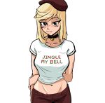  1girl arm_behind_back bell beret black_choker blonde_hair blush breasts choker clothes_writing commentary cropped_shirt english_commentary english_text green_eyes groin hat highres jingle_bell large_breasts madison_(spicymancer) naughty_face navel neck_bell pants red_hat red_pants rumble_after_dark shirt smile solo spicymancer white_shirt 