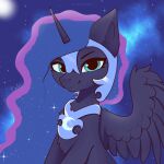 1:1 1_horn 2d_animation animated blue_hair blue_sclera closed_smile digital_drawing_(artwork) digital_media_(artwork) equid equine feathered_wings feathers female female_feral feral friendship_is_magic fur hair hasbro hi_res highlights_(coloring) horn looking_at_viewer mammal mouth_closed my_little_pony mythological_creature mythological_equine mythology nightmare_moon_(mlp) nnalyart paintstorm_(artwork) purple_body purple_fur purple_highlights purple_horn purple_wings quadruped shaded shooting_star sky smile smiling_at_viewer solo sparkles sparkling_hair spiral_horn spread_wings star teal_eyes winged_unicorn wings
