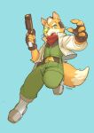 2026 anthro belt boots canid canine clothing dipstick_tail eyebrows fingerless_gloves footwear fox fox_mccloud fur gloves green_eyes gun handwear jacket kerchief male mammal markings neckerchief neckwear nintendo open_mouth powree ranged_weapon shoes solo star_fox tail tail_markings tan_body tan_fur topwear visor weapon