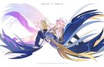  1boy 1girl 70_70000 absurdres amphoreus_(honkai:_star_rail) back bare_shoulders black_boots blonde_hair boots breasts chinese_commentary commentary_request cyrene_(demiurge)_(honkai:_star_rail) cyrene_(honkai:_star_rail) detached_sleeves dress english_text face-to-face flower flower_on_chest gradient_clothes gradient_dress hair_flower hair_intakes hair_ornament highres honkai:_star_rail honkai_(series) infinity_symbol leaf_hair_ornament long_hair lying multicolored_dress multicolored_hair on_side phainon_(honkai:_star_rail) phainon_(khaslana)_(honkai:_star_rail) pink_dress pink_hair pink_ribbon pointy_ears purple_dress purple_eyes purple_flower purple_rose ribbon rose short_hair short_sleeves simple_background smile very_long_hair white_background white_dress white_hair white_sleeves wings wrist_ribbon 
