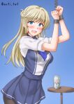  1girl alcohol anti_(untea9) asahi_breweries beer beer_can blue_background blue_eyes blue_necktie blush braid breasts brown_hair can commentary_request dress drink_can gloves hair_bun highres kantai_collection long_hair looking_at_viewer medium_breasts necktie open_mouth ranger_(kancolle) restrained side_braids solo thighhighs white_gloves 