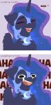 1_horn absurd_res blue_hair bodily_fluids comic crying digital_drawing_(artwork) digital_media_(artwork) english_text equid equine eyelashes eyeshadow fangs feathered_wings feathers female female_feral feral flat_colors friendship_is_magic hair happy hasbro hi_res highlights_(coloring) horn krita_(artwork) makeup mammal monotone_background my_little_pony mythological_creature mythological_equine mythology nightmare_moon_(mlp) nnalyart open_mouth open_smile paintstorm_(artwork) purple_background purple_body purple_eyeshadow purple_highlights purple_horn purple_wings quadruped sad simple_background smile solo sparkles sparkling_hair spiral_horn tears teeth text winged_unicorn wings