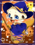 2022 anthro blue_clothing blue_eyes blush broom candy cleaning_tool clothed clothing costume dessert facial_tuft fangs feet female food fur halloween hat headgear headwear hi_res holidays legwear looking_at_viewer magic_user mammal musical_note musical_symbol mustelid musteline nakanishi023 open_mouth orange_clothing otter sea_otter smile solo symbol tan_body teeth toes tongue tuft white_body white_fur witch witch_hat