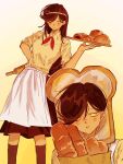  1boy 1girl apron bag biscuit_(omori) bread bread_slice breasts brother_and_sister brown_hair brown_shirt brown_skirt brown_socks closed_mouth collared_shirt commentary danmuji_07 doughie_(omori) food highres holding_rolling_pin kneehighs long_hair looking_at_viewer neckerchief omori paper_bag parted_bangs parted_lips red_neckerchief rolling_pin shirt short_hair short_sleeves siblings skirt small_breasts socks white_apron yellow_eyes 