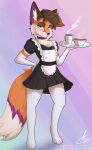 anthro armwear beverage blue_eyes bottomwear canid canine clothed clothing coffee coffee_cup coffee_mug collar container crossdressing cup dipstick_tail ear_piercing femboy fox fur hi_res holding_object holding_plate leggings legwear maid_uniform male mammal markings mochafox_(itsmochafox) novav33 orange_body orange_fur piercing plate pleated_skirt purple_body purple_fur red_fox simple_background skirt smug_face solo stockings tail tail_markings true_fox uniform white_armwear white_body white_clothing white_fur white_legwear