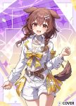  1girl :d animal_ears belt bone_hair_ornament bow bowtie braid brown_belt brown_eyes brown_hair brown_tail chest_bow commentary_request copyright_notice cropped_jacket detached_collar dog_ears dog_girl dog_tail double-parted_bangs hair_between_eyes hair_ornament hairclip hololive inugami_korone jacket kheng_(k_heng1223) lapel_pin lapels long_hair looking_at_viewer low_twin_braids miniskirt notched_lapels official_alternate_costume official_art open_mouth overskirt plaid_bow plaid_clothes plaid_skirt pleated_skirt shirt skirt sleeve_cuffs smile solo tail teeth twin_braids upper_teeth_only vest virtual_youtuber white_jacket white_shirt white_vest yellow_bow yellow_bowtie yellow_skirt 